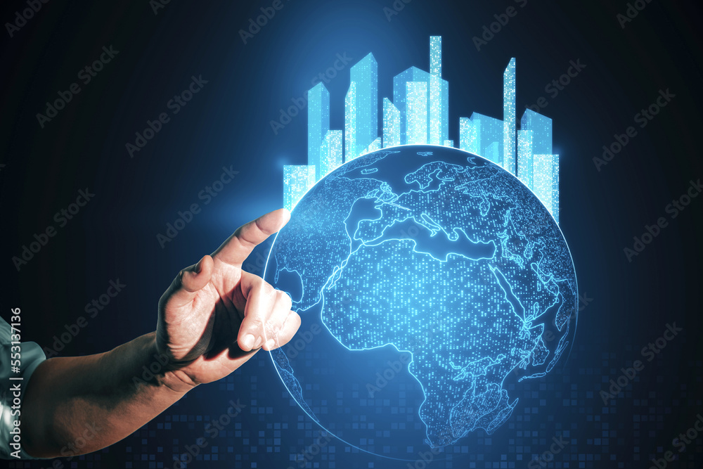 Poster close up of businessman hand pointing at glowing map with city hologram on blurry background. abstra