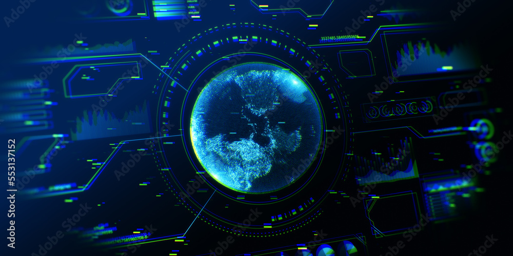 Aufkleber Global network connection and innovation concept with screen texture of abstract global stats data on digital interface and world map on dark technological background, hud template. 3D rendering