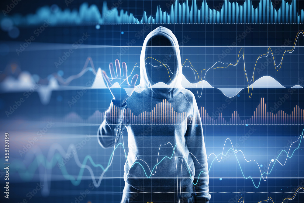 Poster Hacker using digital business graph hologram on blurry blue background. Trade, data theft, finance and analysis concept. Double exposure.