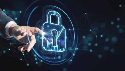 Business technology and data protection concept with businessman finger touching virtual interface with digital pad lock on dark background