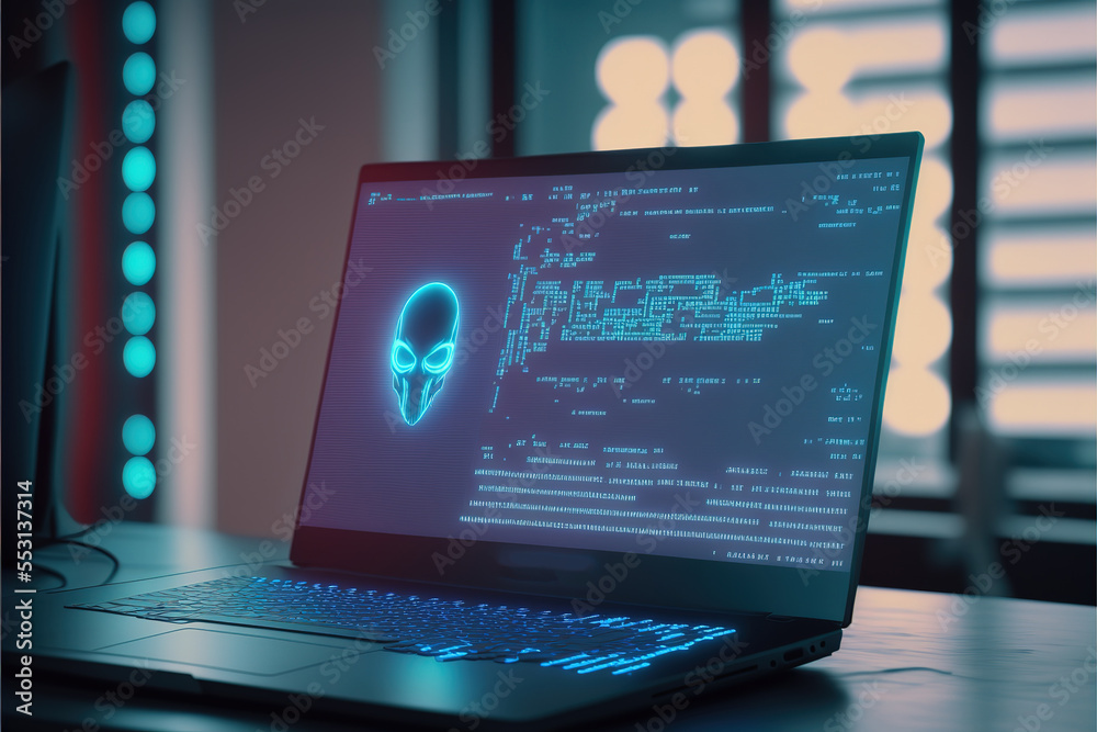 Fototapete Software development. Programming, coding. Futuristic modern illustration in blue neon colors. AI