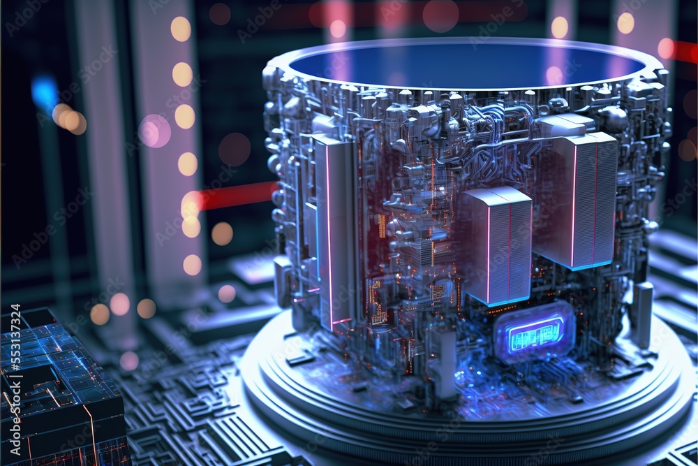 Poster hardware and software computer technology background. futuristic modern illustration in blue neon co