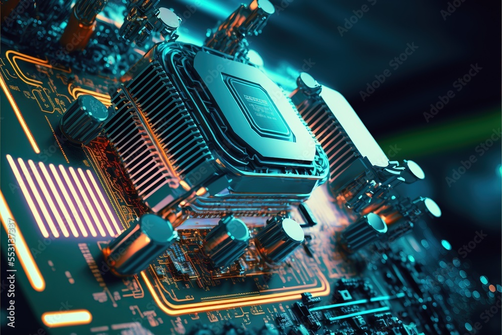 Poster hardware and software computer technology background. futuristic modern illustration in blue neon co