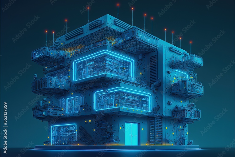 Poster Development architecture computer systems of smart building. Futuristic modern illustration in blue neon colors. AI