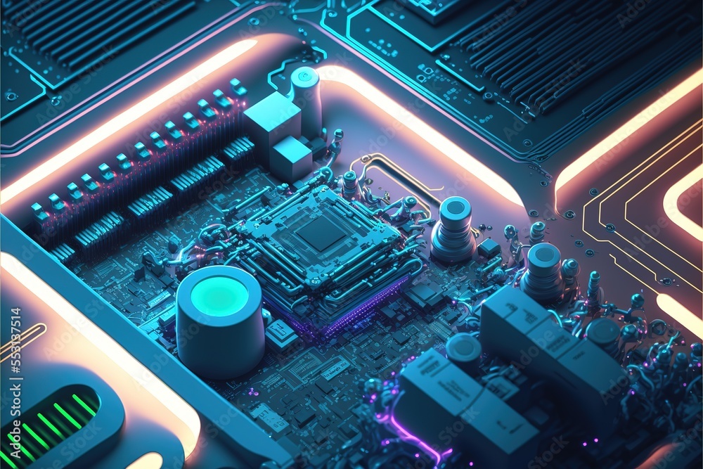Poster hardware and software computer technology background. futuristic modern illustration in blue neon co