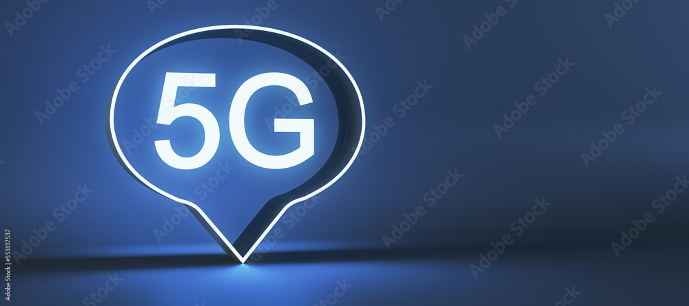 Poster Modern 5G bubble on wide blue background with mock up place. Fast internet speed and technology concept. 3D Rendering.