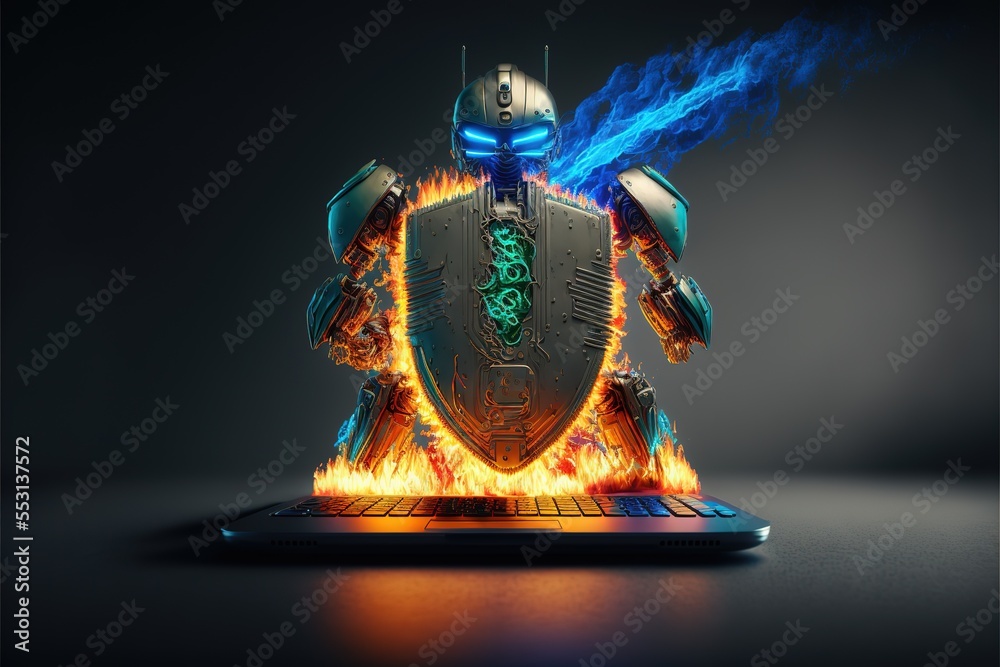 Poster computer bot hacks firewall on laptop. cybersecurity, antivirus. futuristic modern illustration in b