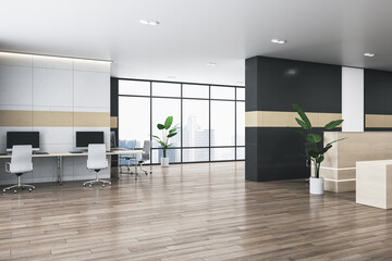 Bright office lobby interior with furniture, reception desk, window with city view and wooden flooring. 3D Rendering.