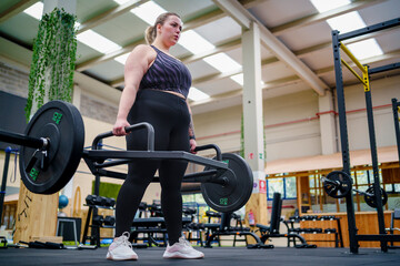 Dedicated young woman doing weight training in gym
