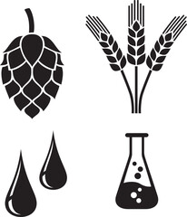 Brewing Ingredients Icons. Hops, Barley,  Water. Black and White. Vector Illustration.