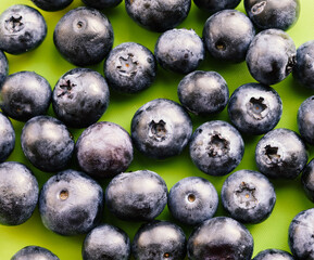 Natural looking blueberries on green background. Top view. Selective focus in the middle.
