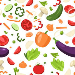 Sliced vegetables pattern. Seamless print of chopped natural healthy green products cartoon flat style, vegan vegetarian backdrop for textile wrapping. Vector texture