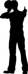 Protestor or demonstrator at a demonstration march, picket line or strike protest rally in silhouette. Using a megaphone, mega phone or bullhorn.