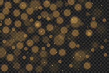 Bokeh golden lights isolated on dark transparent background. Abstract golden shining bokeh. Sparkling golden particles, glowing bokeh lights. Transparency only in vector format