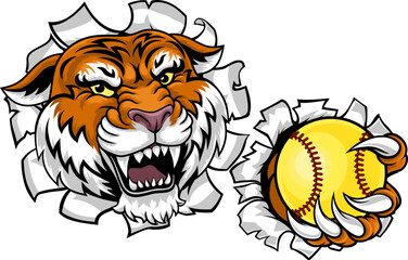 A tiger animal softball sports team cartoon mascot