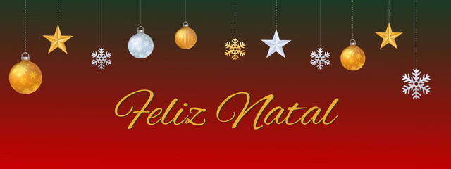 Fototapeta na wymiar Carte de vœux chic Joyeux Noël en portugais avec des étoiles, des flocons, et des boules de noël or et argent