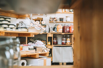Racks with merchandise in convenience store
