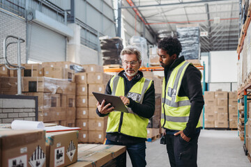 Warehouse workers using a digital tablet while recording inventory