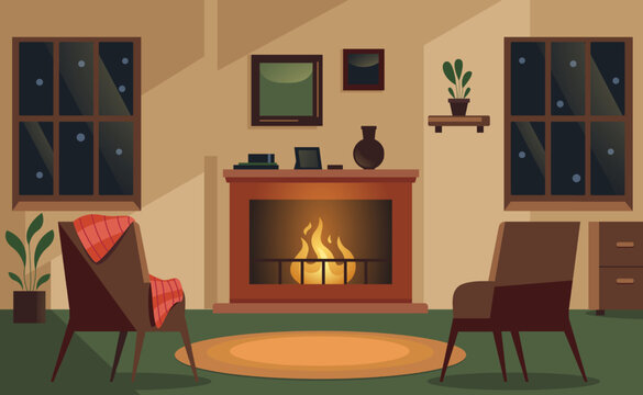 Fireplace room interior. Cozy home place with burning stove traditional furniture decorative stuff, warm winter season leisure concept. Vector illustration