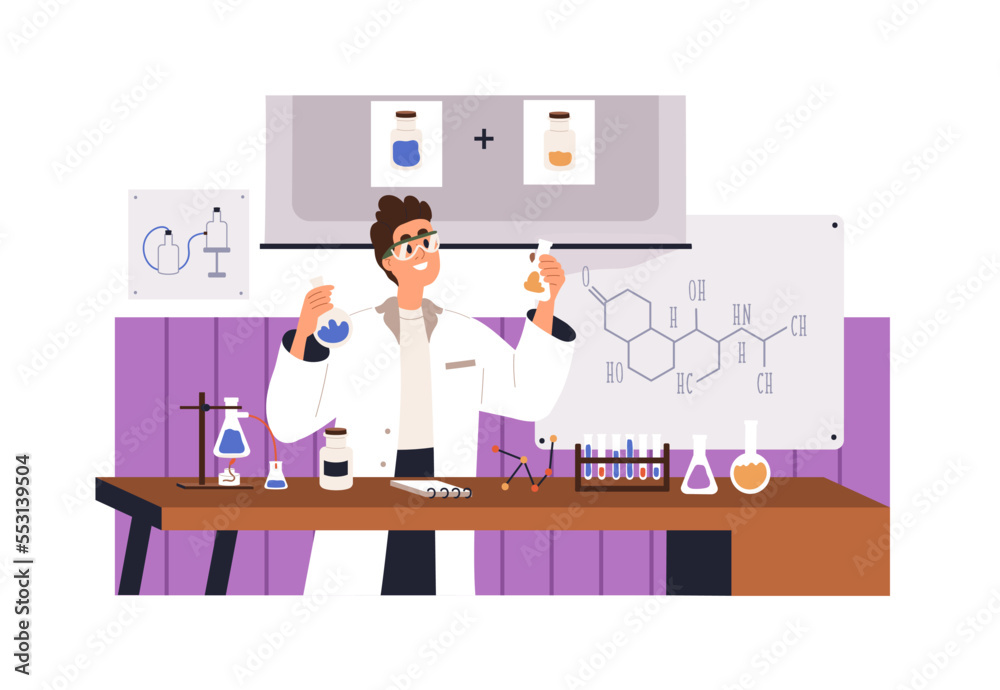 Poster chemist teacher during chemical lab experiment in chemistry class at school. professor scientist wit