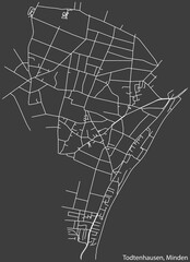 Detailed negative navigation white lines urban street roads map of the TODTENHAUSEN QUARTER of the German town of MINDEN, Germany on dark gray background