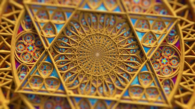 Kaleidoscope mandala abstract background mysterious art geometry, visual futuristic symmetry ornate design shapes 3D video optical illusion.