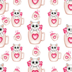 Seamless pattern with baby kitten in a cup of pink hearts. Valentine’s Day, birthday,greeting cards,fabric and textile.