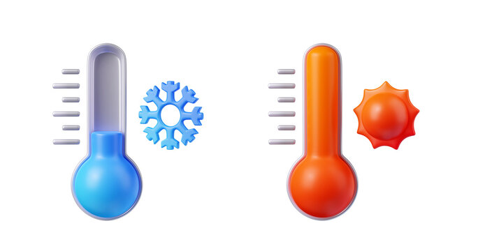 3d render thermometers show hot and cold temperature, winter or summer weather forecast, climate icons, elements for web design. Cartoon illustration in plastic style isolated on white background
