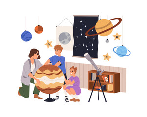 Teacher and kids in astronomy classroom, class. Children studying cosmos, space at school lesson. Teaching about planets, universe for pupils. Flat vector illustration isolated on white background
