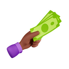 3d render black hand with paper bills, african businessman palm holding money, donate, buying or paying. Finance, investment, currency exchange concept, isolated Illustration in cartoon plastic style