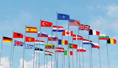 NATO , Flags of countrys of North Atlantic Treaty Organization and flag ,with blue sky ,3d rendering - obrazy, fototapety, plakaty