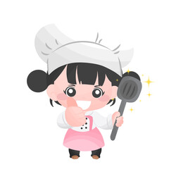 Naklejka premium cute girl cooking, female chef show thumb up and holding turner, woman cooking in chef costume