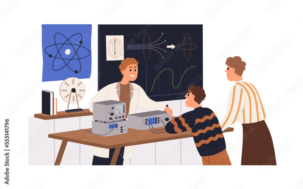 Poster school teacher and students at physics class, lesson in classroom. scientist and kids pupils conduct