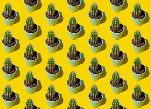 Pattern of rows of potted cacti standing against yellow background