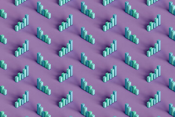 Three dimensional pattern of pastel colored bar graphs standing against purple background