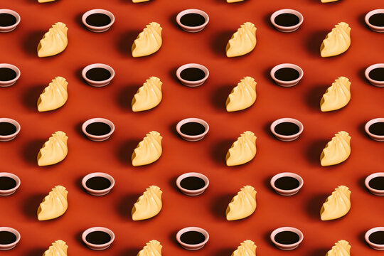 Three dimensional render of rows of dumplings and bowls of soy sauce flat laid against red background