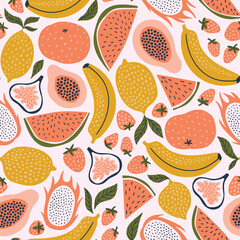 Exotic fruit seamless pattern in hand-drawn style. Vector repeat background for colorful summer fabric. 