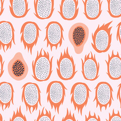 Exotic fruit seamless pattern in hand-drawn style in pink colors. Vector repeat background for colorful summer fabric. 