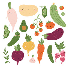 Vector cartoon vegetable characters. Cute organic sticker set isolated on the white background. Funny illustration in hand-drawn style. 