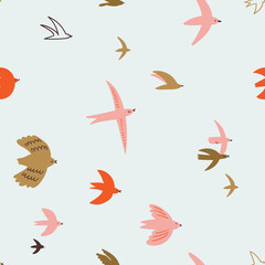 Cute spring seamless pattern with flying birds in the sky. Vector animal background. Repeated fabric design. - 553142754