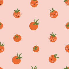Vector tomato seamless pattern. hand-drawn organic food repeat design for fabric or wrapping paper, branding. Fresh cherry tomatoes on the pink background. Veggies print design. 