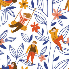 Children rest, read, swing on a swing in the green of a tree. Vector seamless pattern design in hand-drawn style. Kids repeat print for fabric or wallpaper.