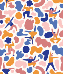 Vector seamless pattern with dancing girls and abstract colorful shapes. Abstract seamless background. Funny and bright contemporary design for fabric.