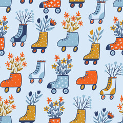 Retro rollers with floral bouquets. Vector seamless pattern in hand-drawn style. Cute floral colorful fabric design for kids.