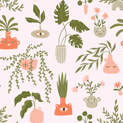Vector seamless pattern. Cute mystical potted flowers isolated on the pink background. Botany fabric design with vector home flowers.