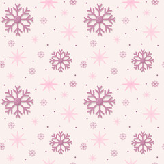 Snowflakes of different shapes. Seamless winter pattern. Pink trendy color palette. Vector Christmas design.