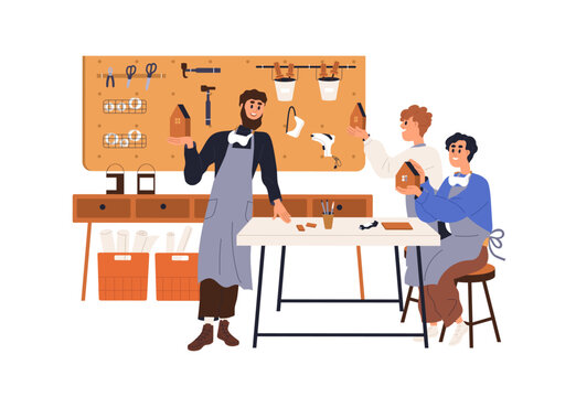 Craft teacher and children students learning carpentry at school. Pupils with DIY wood works at lesson in classroom. Apprentices of artisan. Flat vector illustration isolated on white background