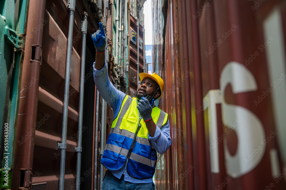 Poster Foreman checking loading Containers box for Cargo freight ship for import export,Foreman inspect Industrial Container Cargo.