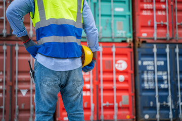 Worker check list of container cargo at container depot terminal,Working inspection audit logistic transportation concept.