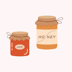 Honey and fruit jam jars isolated on white background. Vector illustration cartoon flat style